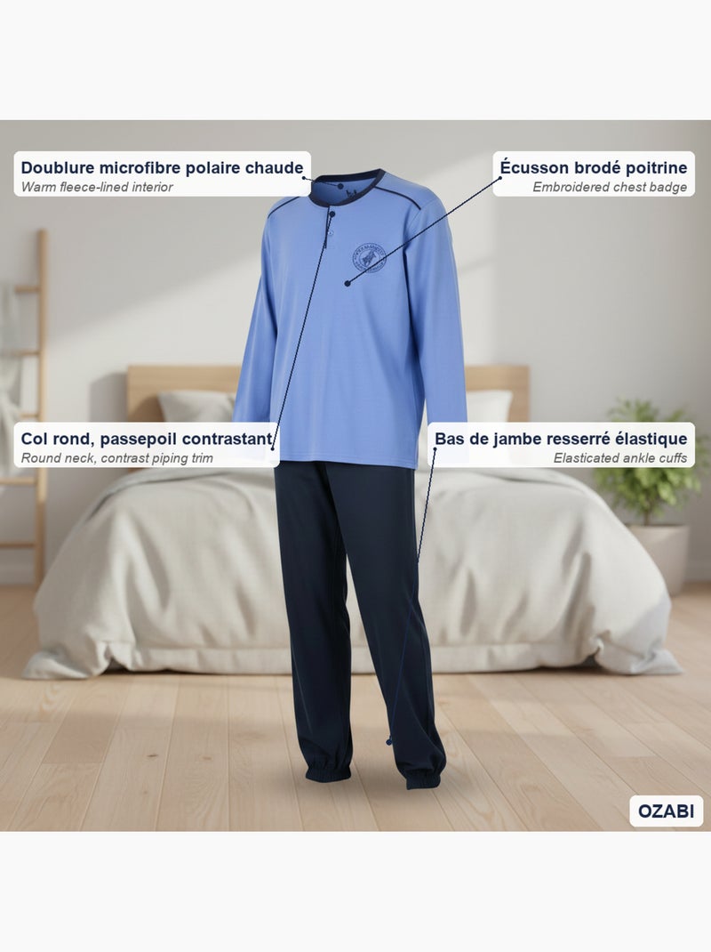 Ozabi heren pyjama fleece gevoerd borduursel Hemelsblauw - Kiabi