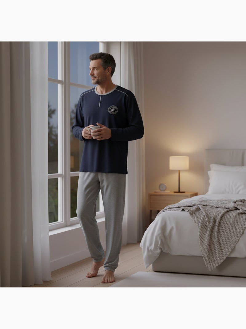 Ozabi heren pyjama fleece gevoerd borduursel Marineblauw - Kiabi