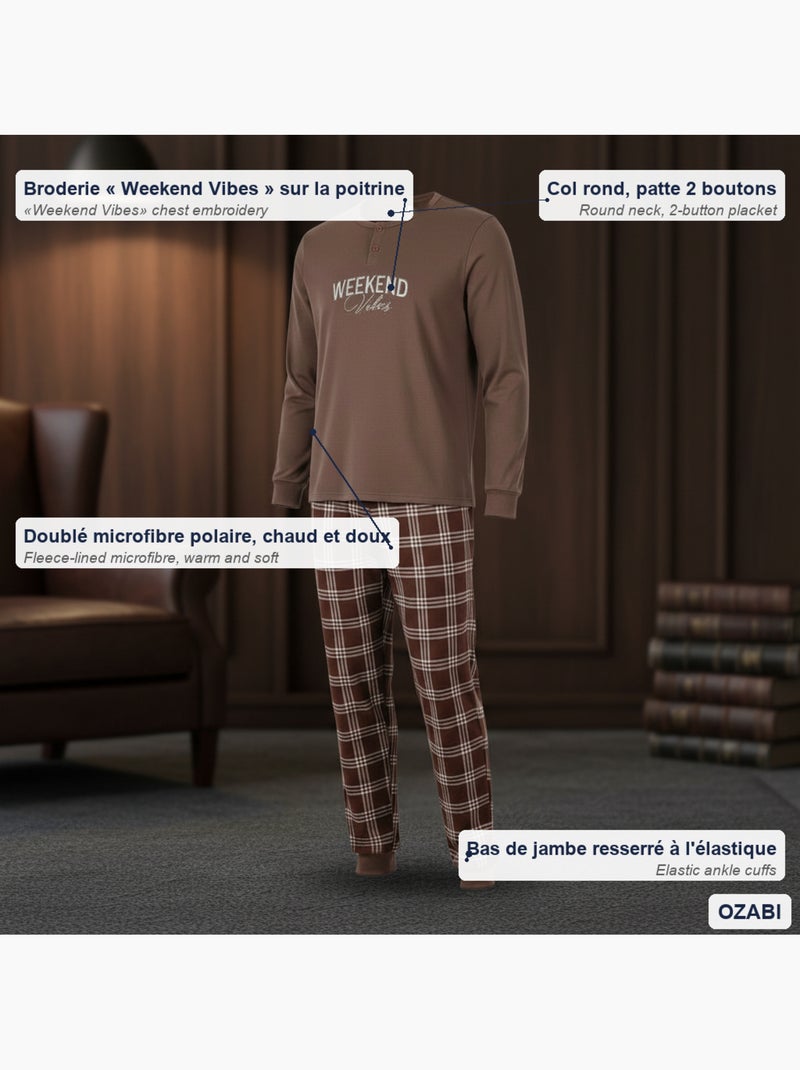 Ozabi heren pyjama fleece gevoerd borduurwerk weekend vibes Bruin - Kiabi