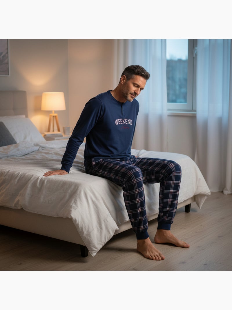 Ozabi heren pyjama fleece gevoerd borduurwerk weekend vibes Marineblauw - Kiabi