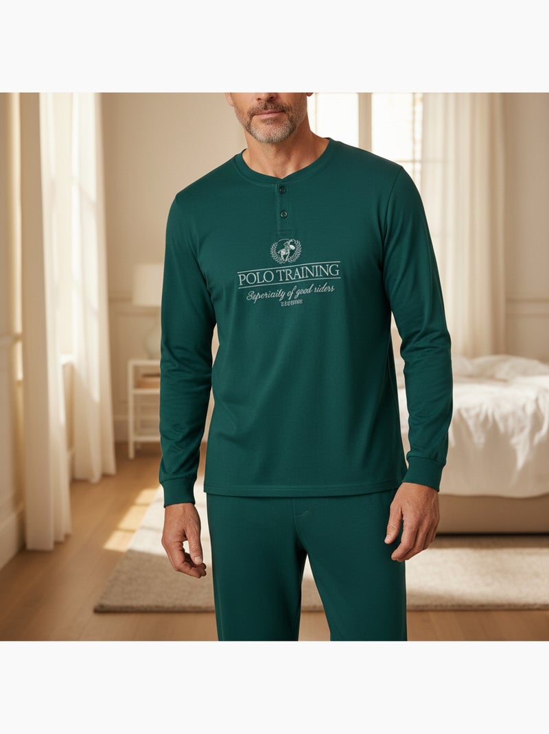 Ozabi heren pyjama fleece gevoerd print geborduurd Groen - Kiabi