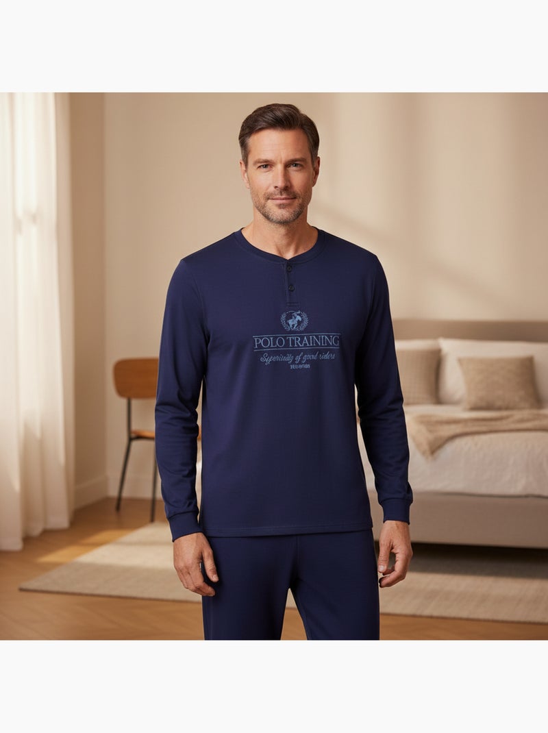 Ozabi heren pyjama fleece gevoerd print geborduurd Marineblauw - Kiabi