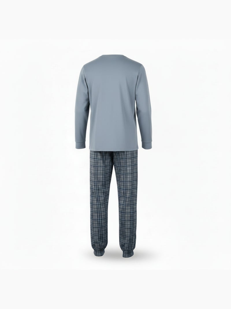 Ozabi heren pyjama katoen schotse hertborduurwerk Blauw - Kiabi