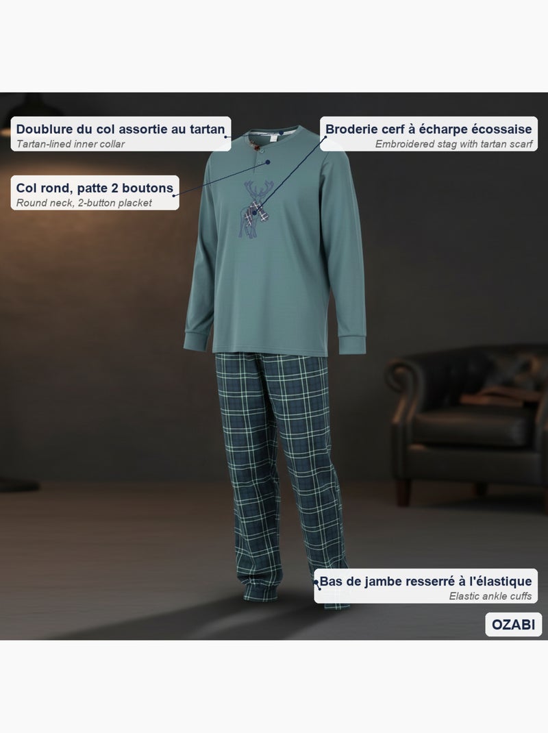 Ozabi heren pyjama katoen schotse hertborduurwerk Kaki - Kiabi