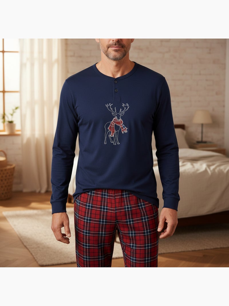 Ozabi heren pyjama katoen schotse hertborduurwerk Marineblauw - Kiabi
