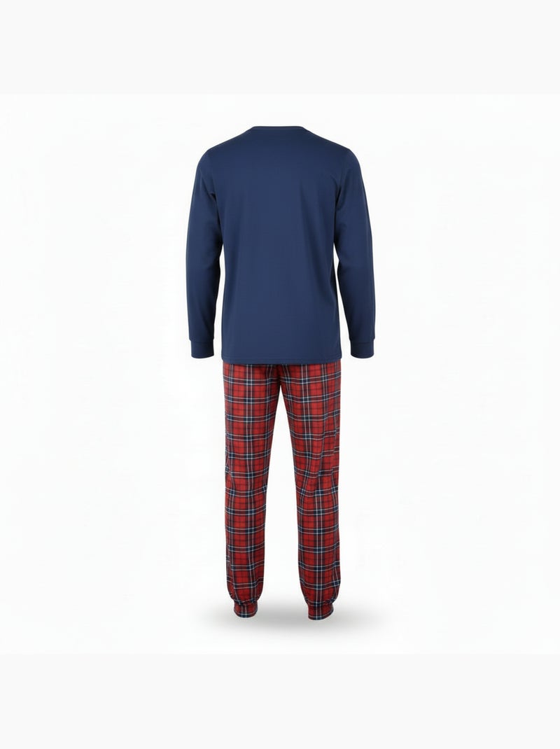 Ozabi heren pyjama katoen schotse hertborduurwerk Marineblauw - Kiabi