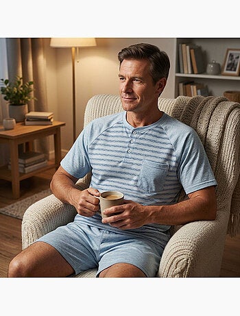 OZABI Heren Pyjama Korte Broek Katoen