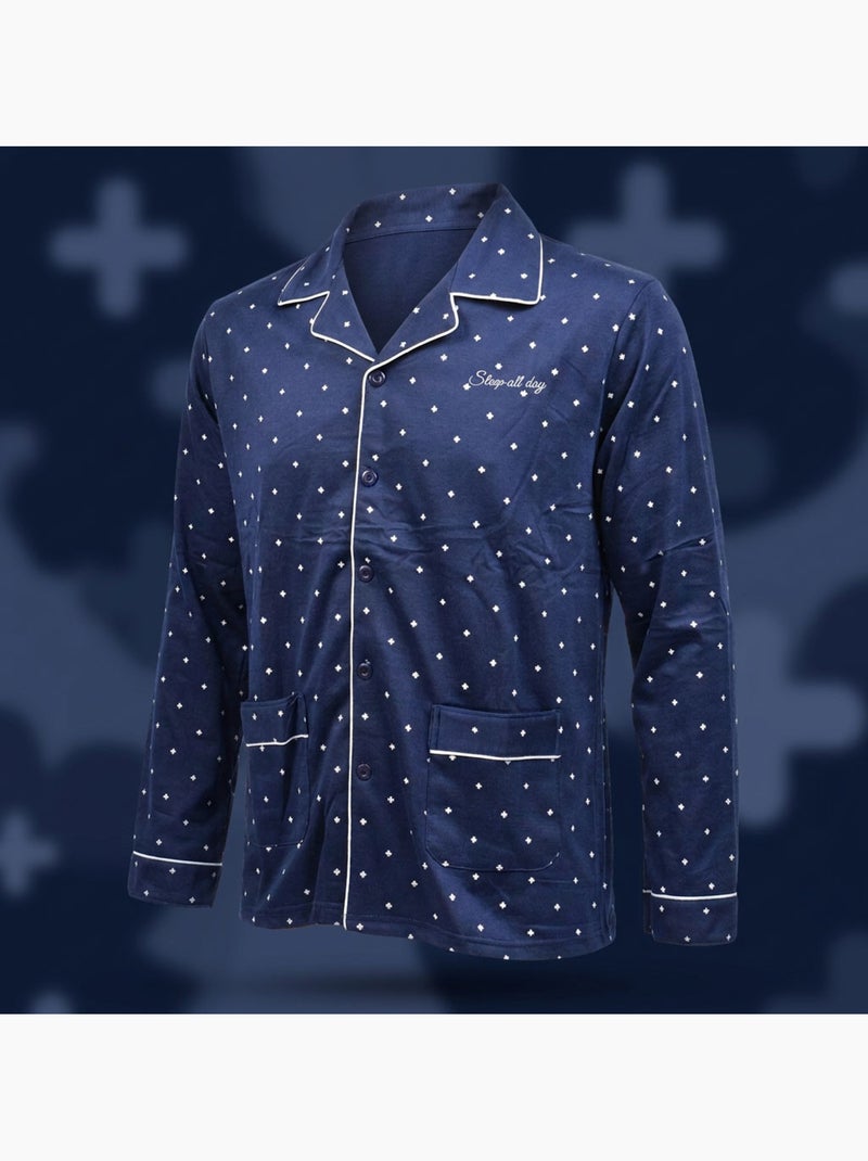 OZABI Heren Pyjama Lang Geboord Overhemdkraag Ultra Zacht Blauw - Kiabi