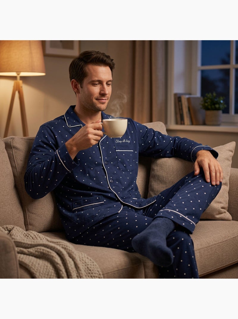 OZABI Heren Pyjama Lang Geboord Overhemdkraag Ultra Zacht Blauw - Kiabi