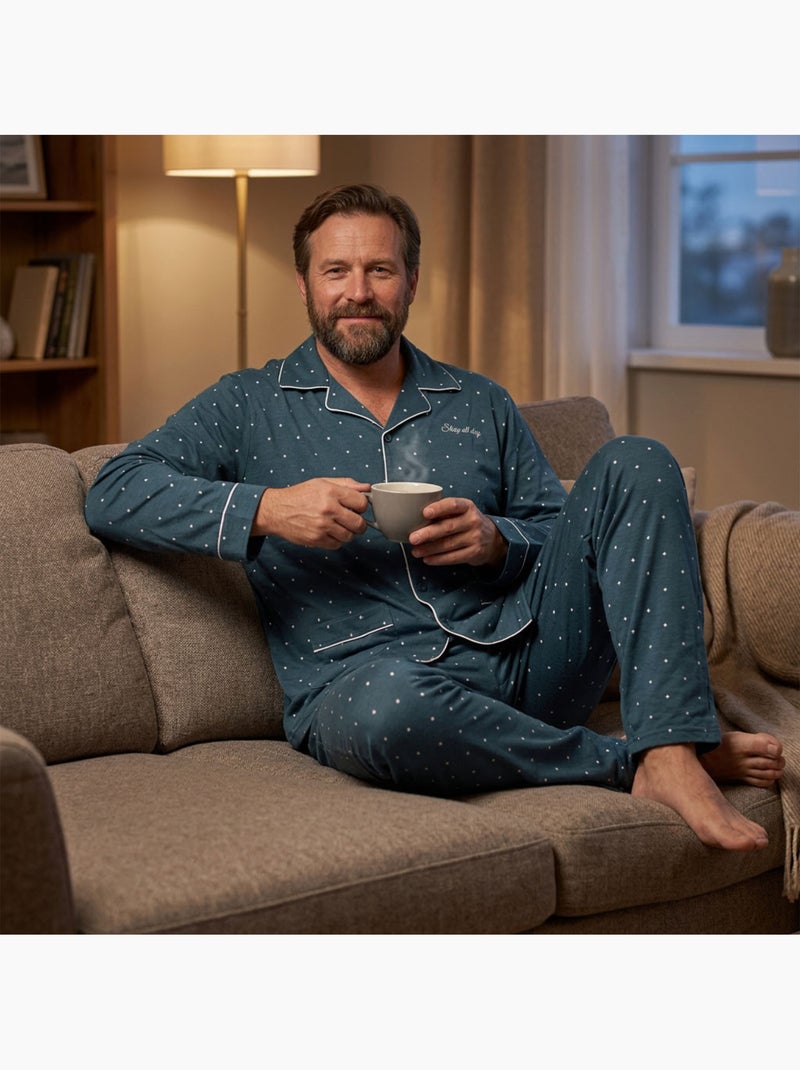 OZABI Heren Pyjama Lang Geboord Overhemdkraag Ultra Zacht Groen - Kiabi