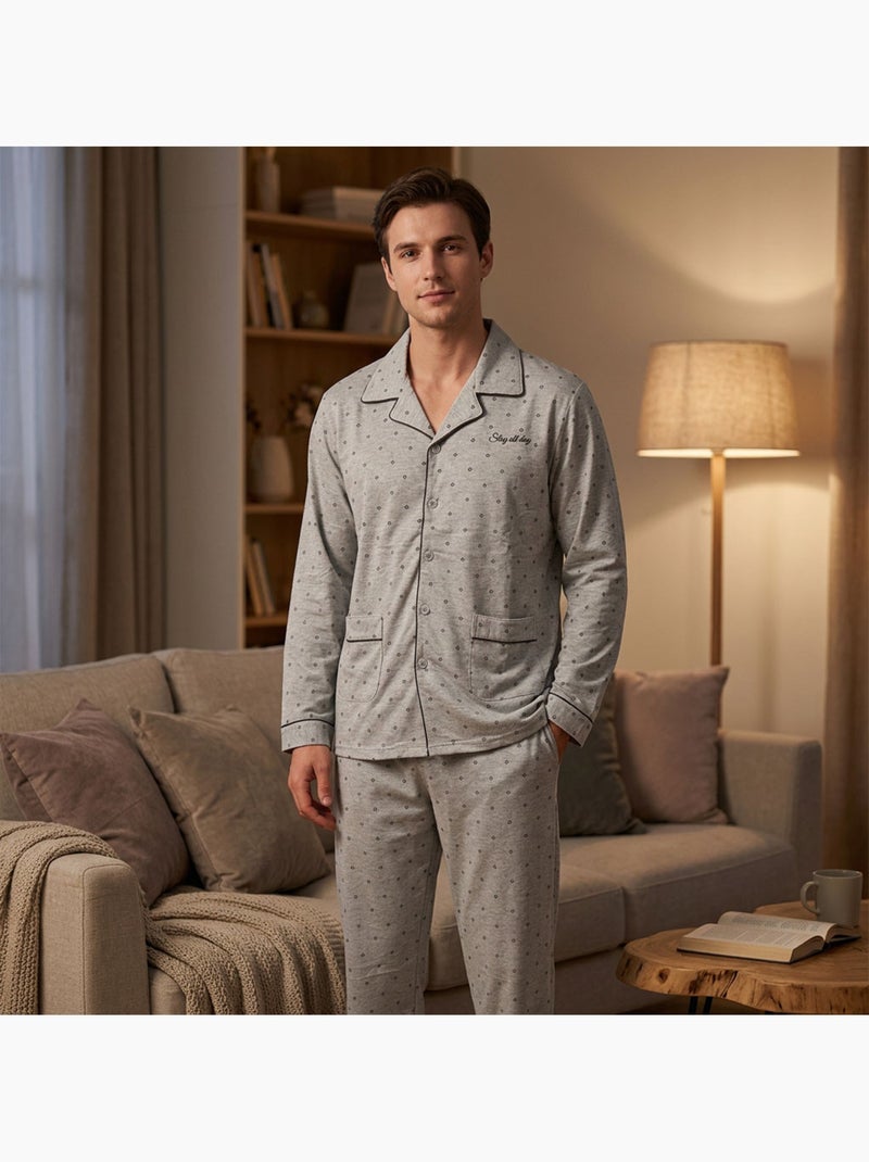 OZABI Heren Pyjama Lang Geboord Overhemdkraag Ultra Zacht Marineblauw - Kiabi