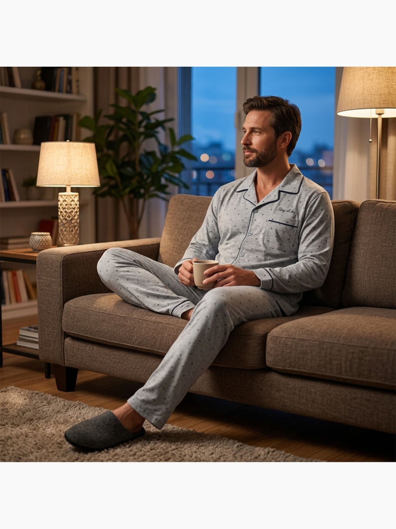 OZABI Heren Pyjama Lang Geboord Overhemdkraag Ultra Zacht Marineblauw - Kiabi