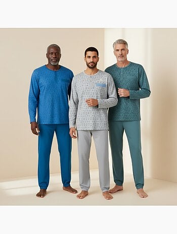 Ozabi heren pyjama set van 3, lange pyjama print kraag knopen