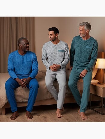 Ozabi heren pyjama set van 3, lange pyjama print kraag knopen