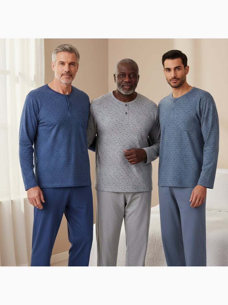 Ozabi heren pyjama set van 3, lange pyjama print kraag knopen Grijs Marineblauw - Kiabi
