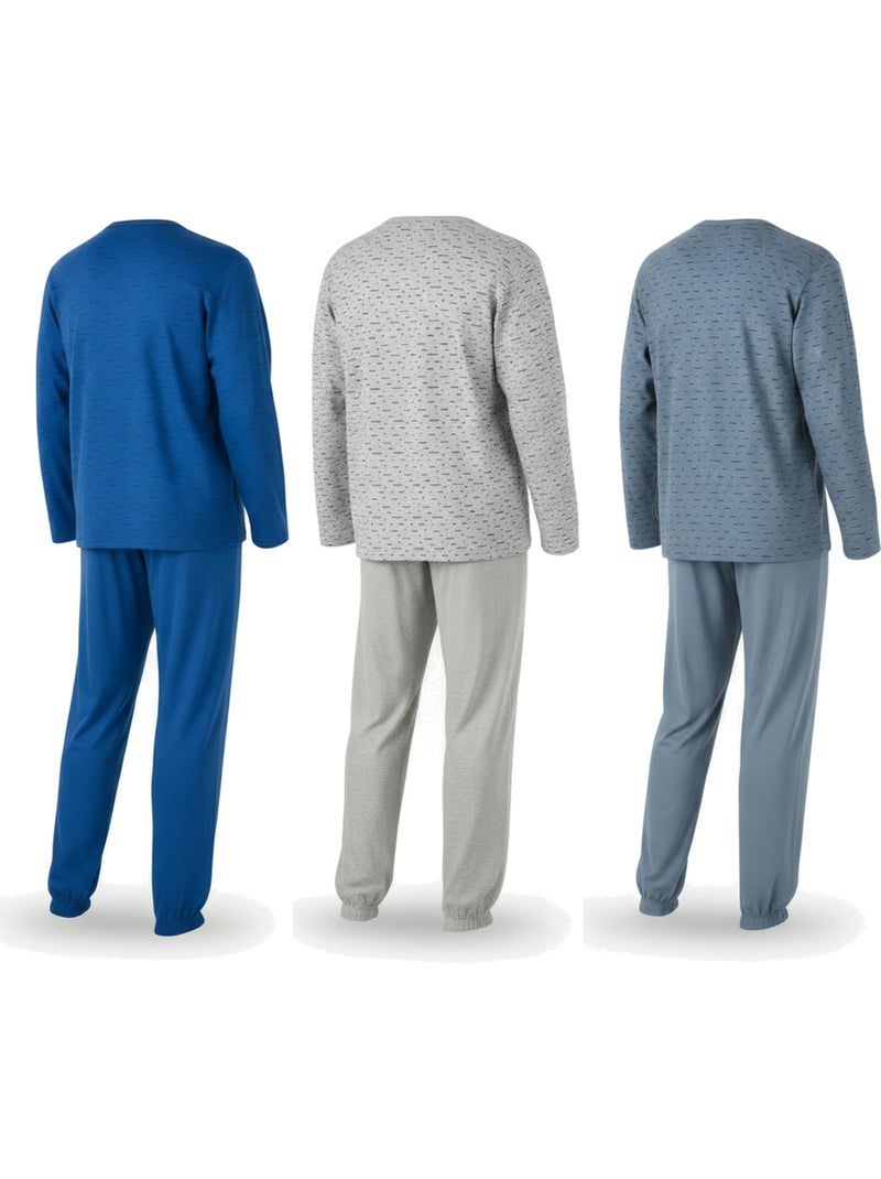 Ozabi heren pyjama set van 3, lange pyjama print kraag knopen Grijs Marineblauw - Kiabi