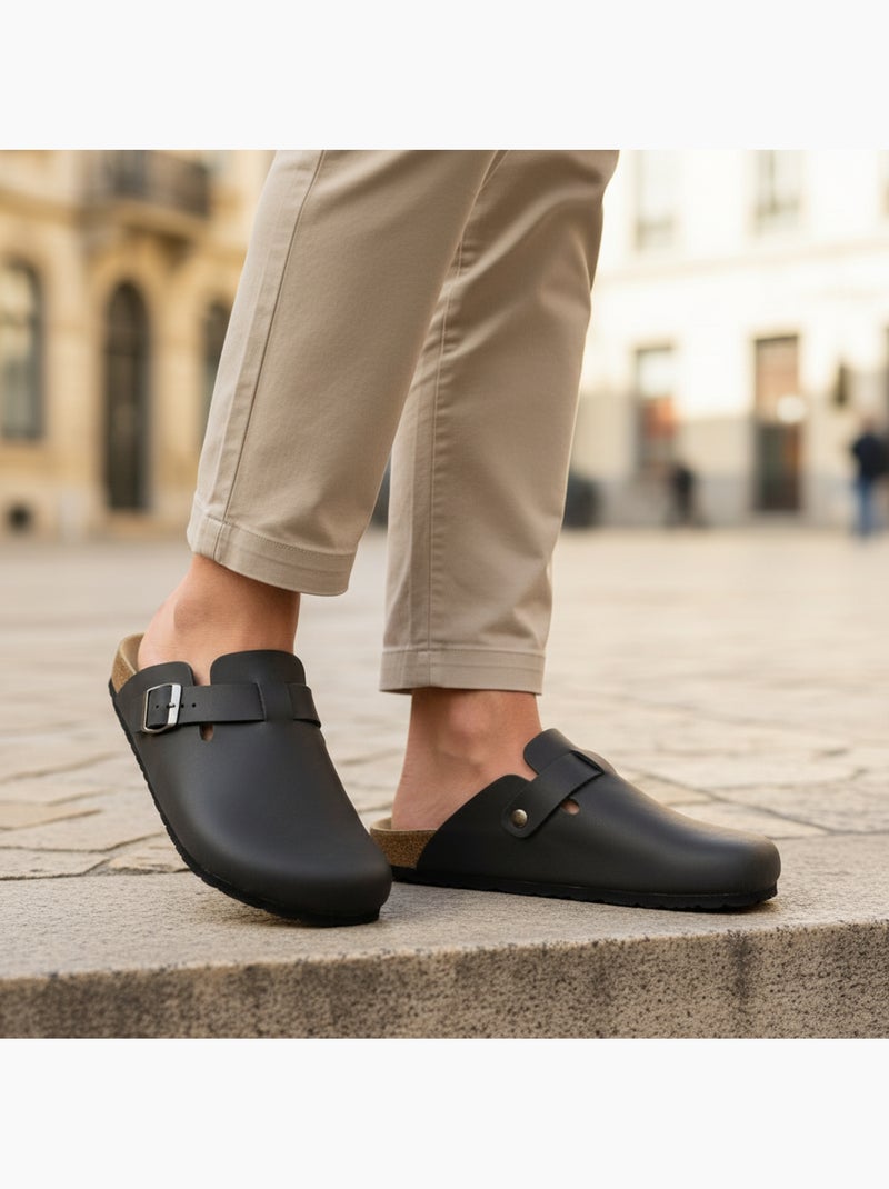 Ozabi heren slippers synthetisch leer verstelbare gesp kurk zool Zwart - Kiabi
