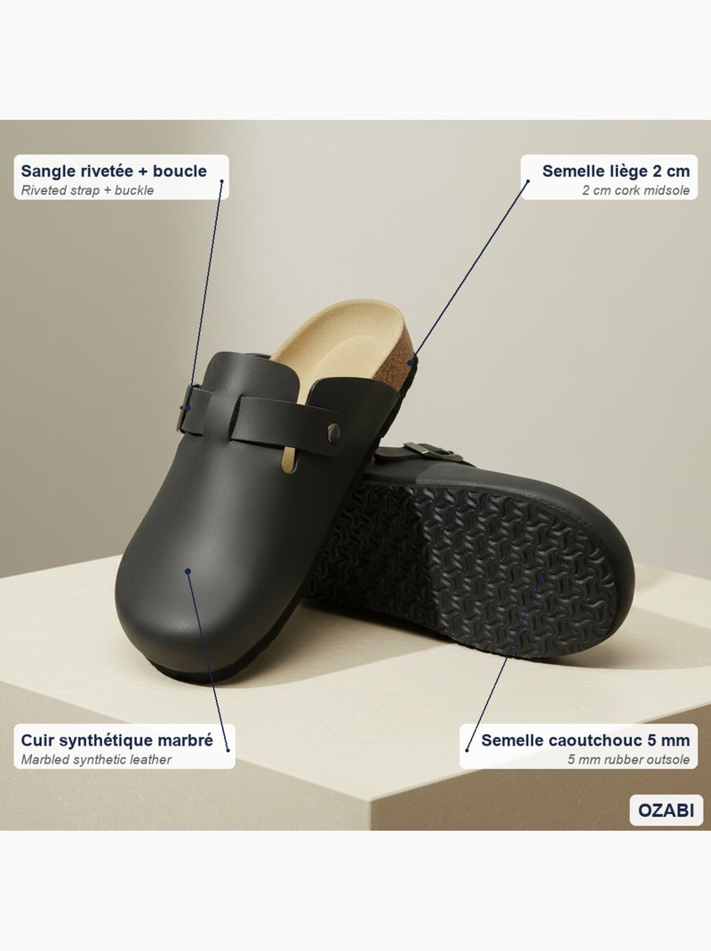 Ozabi heren slippers synthetisch leer verstelbare gesp kurk zool Zwart - Kiabi