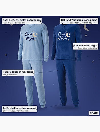 Ozabi herenpy jama-set 2 stuks, zachte fleece met borduurwerk