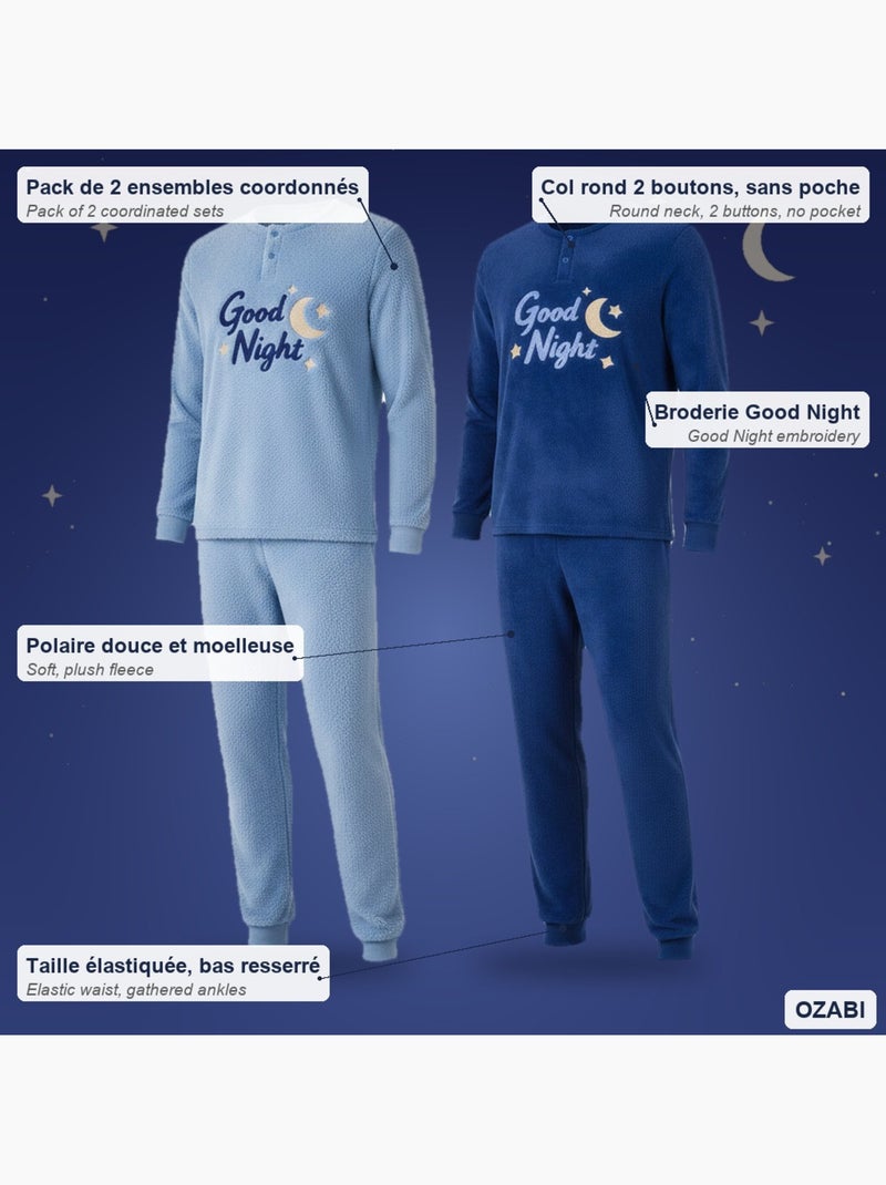 Ozabi herenpy jama-set 2 stuks, zachte fleece met borduurwerk Blauw Hemelsblauw - Kiabi