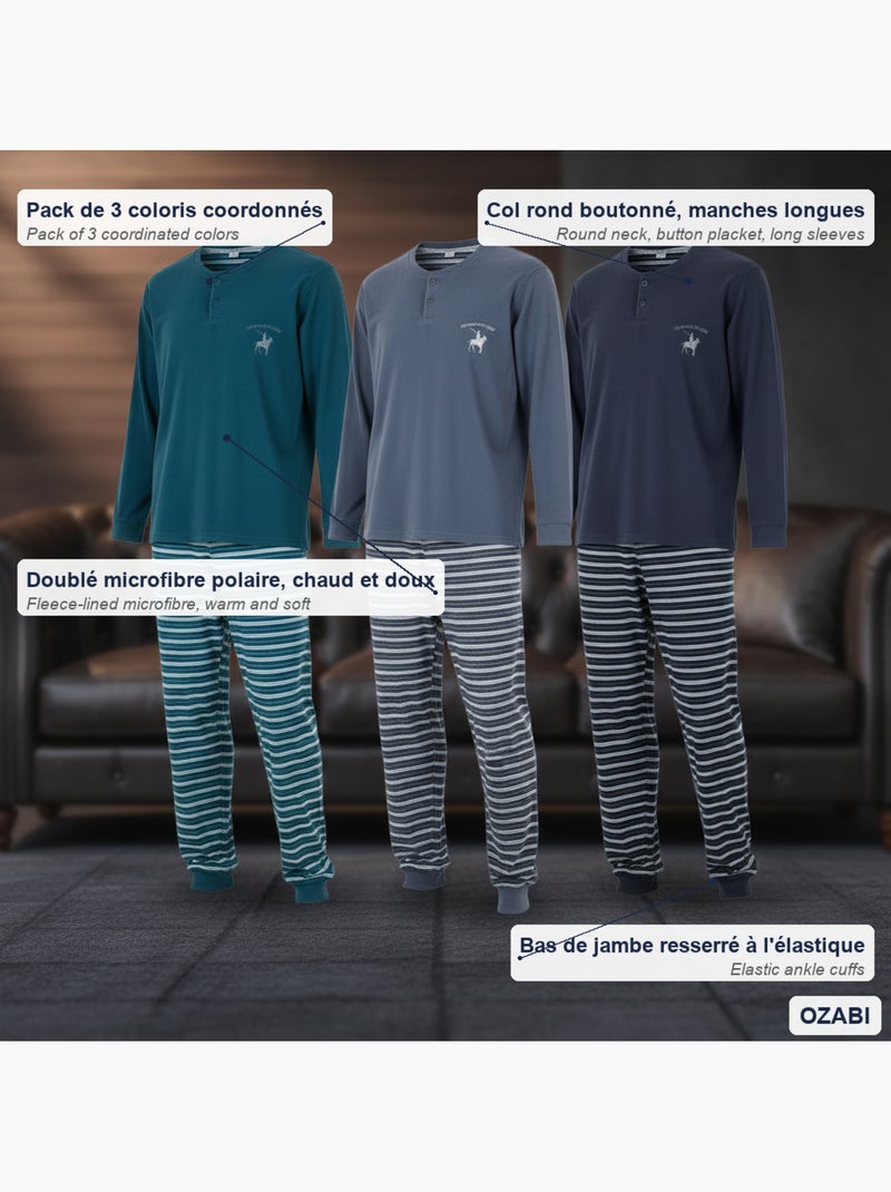 Ozabi herenpyjama set 3 stuks gevoerd fleece diverse kleuren Multicolor - Kiabi