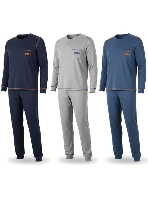 Ozabi herenpyjama set van 3, katoen gevoerd fleece, geknoopte kraag - Kiabi Ozabi herenpyjama set van 3, katoen gevoerd fleece, geknoopte kraag - Kiabi