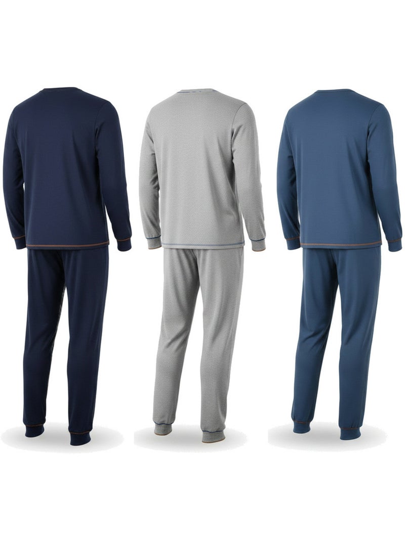 Ozabi herenpyjama set van 3, katoen gevoerd fleece, geknoopte kraag Grijs Marineblauw Blauw - Kiabi