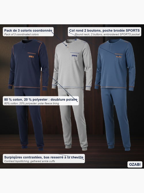 Ozabi herenpyjama set van 3, katoen gevoerd fleece, geknoopte kraag - Kiabi Ozabi herenpyjama set van 3, katoen gevoerd fleece, geknoopte kraag - Kiabi