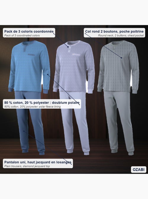 Ozabi herenpyjama set van 3, katoen gevoerd fleece, geknoopte kraag - Kiabi Ozabi herenpyjama set van 3, katoen gevoerd fleece, geknoopte kraag - Kiabi