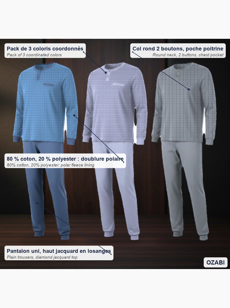 Ozabi herenpyjama set van 3, katoen gevoerd fleece, geknoopte kraag Groengrijs Blauw - Kiabi