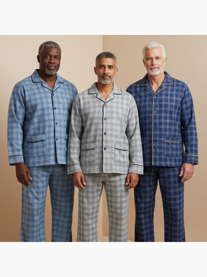 Ozabi herenpyjama set van 3, katoen gevoerd fleece, lange mouwen Grijs Blauw - Kiabi