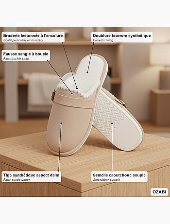 Ozabi mules femme, aspect daim, broderie scandinave, doublure fourrure