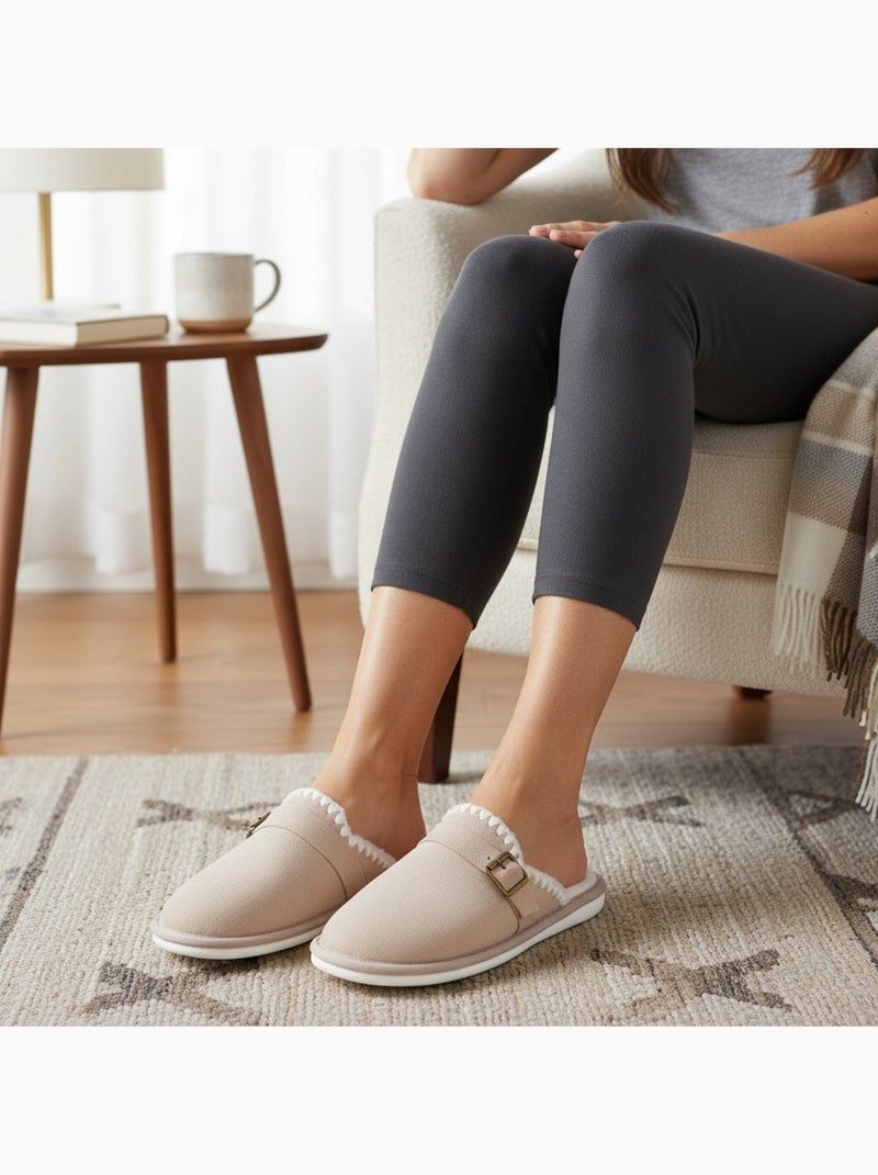 Ozabi mules femme, aspect daim, broderie scandinave, doublure fourrure Beige - Kiabi