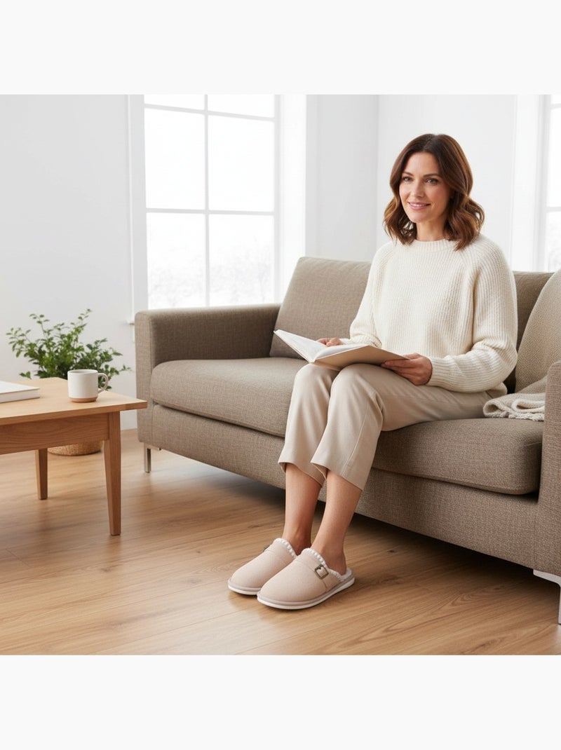 Ozabi mules femme, aspect daim, broderie scandinave, doublure fourrure Beige - Kiabi