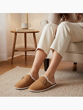 Ozabi mules femme, aspect daim, broderie scandinave, doublure fourrure