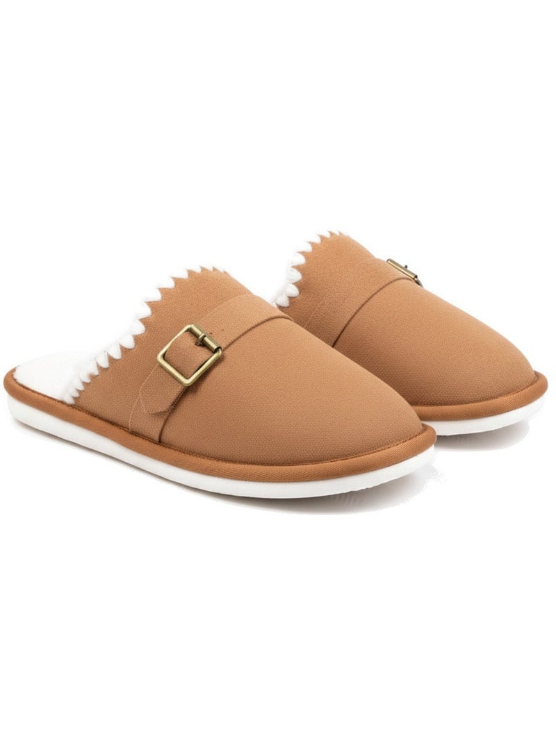 Ozabi mules femme, aspect daim, broderie scandinave, doublure fourrure Camel - Kiabi