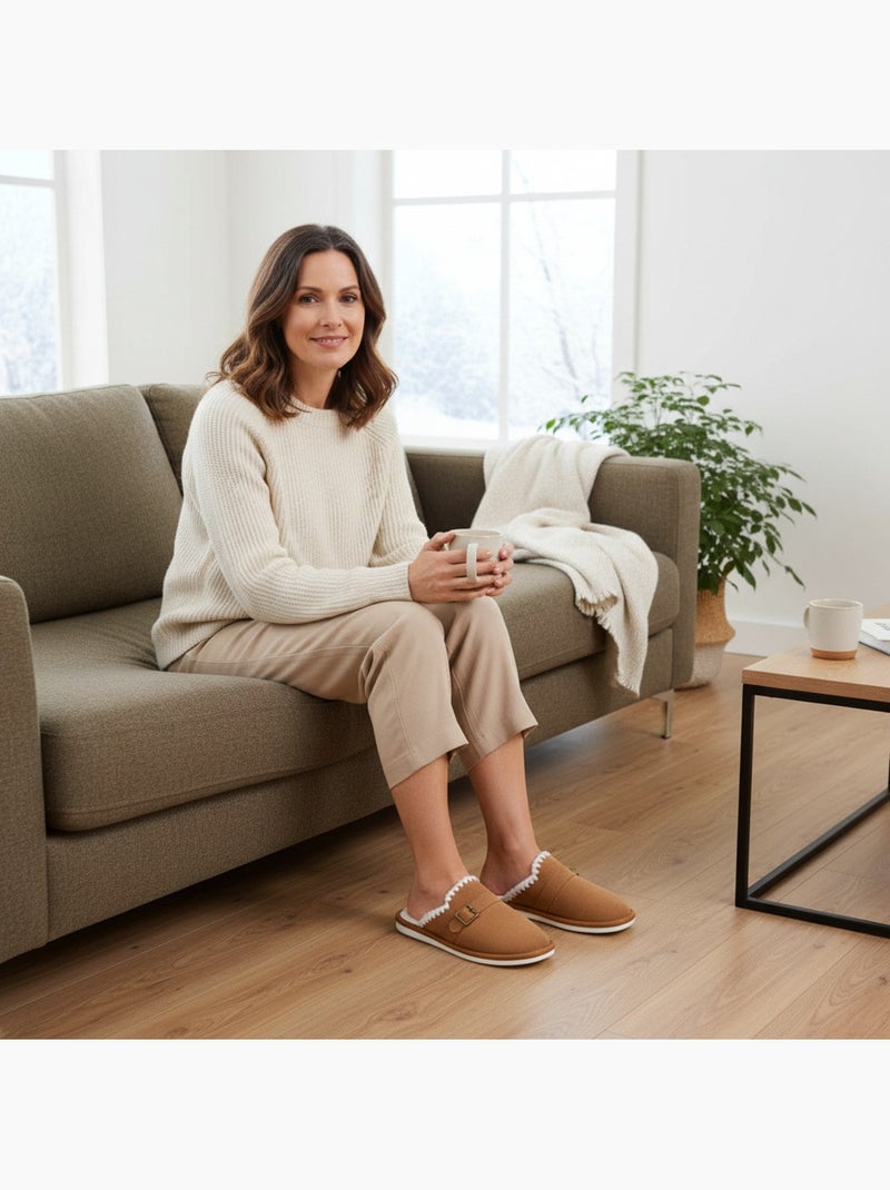 Ozabi mules femme, aspect daim, broderie scandinave, doublure fourrure Camel - Kiabi