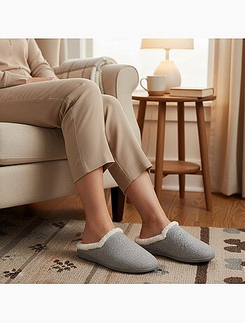 Ozabi mules femme hiver, feutrine unie chinée, encolure fausse fourrure