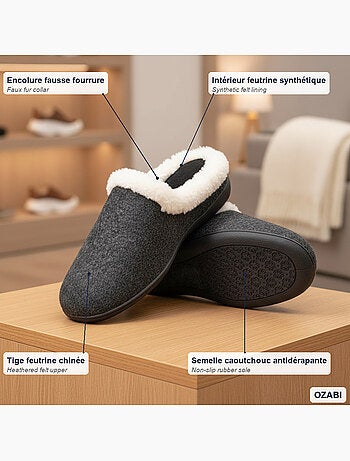 Ozabi mules femme hiver, feutrine unie chinée, encolure fausse fourrure