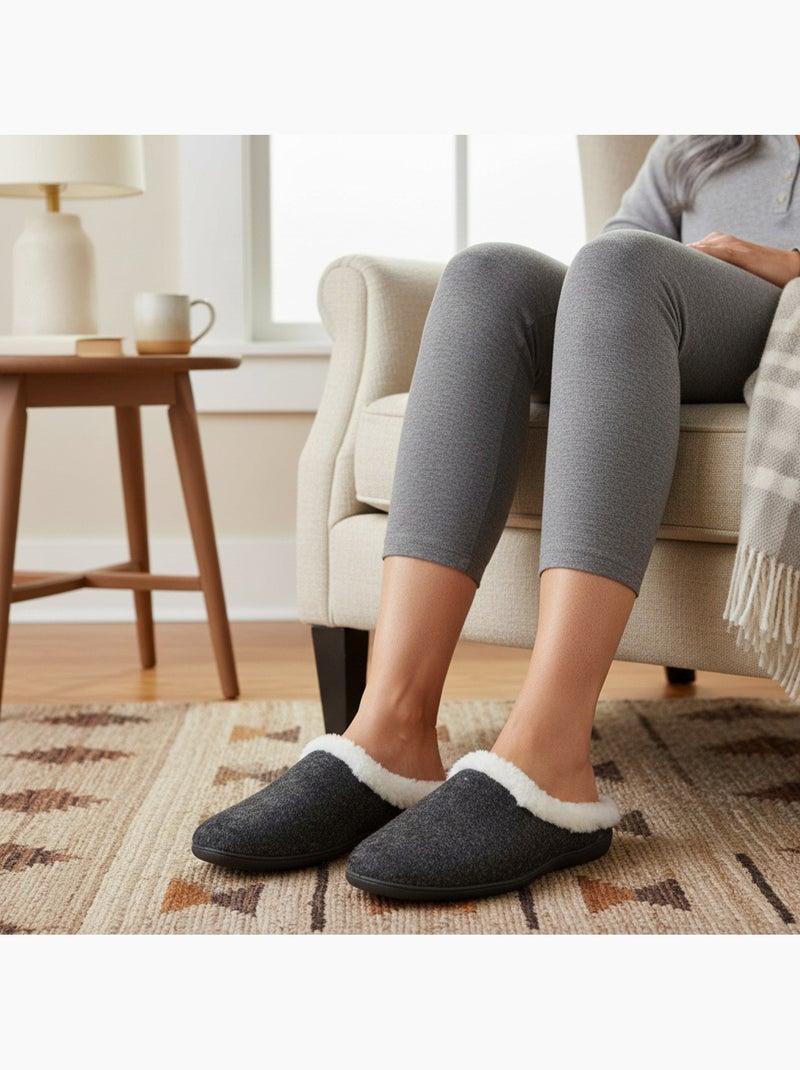 Ozabi mules femme hiver, feutrine unie chinée, encolure fausse fourrure Noir - Kiabi