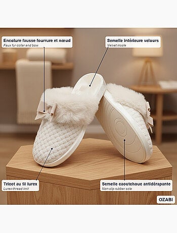 Ozabi mules femme, tricot fil lurex, encolure fausse fourrure et nœud