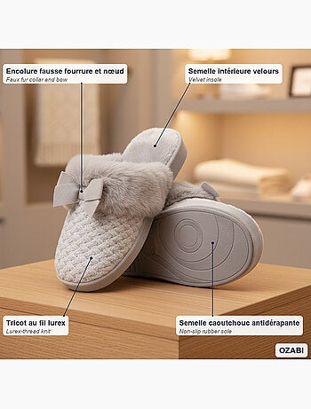 Ozabi mules femme, tricot fil lurex, encolure fausse fourrure et nœud