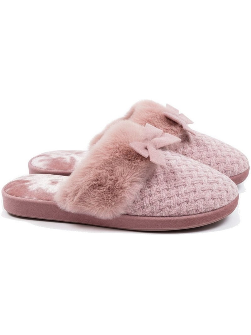 Ozabi mules femme, tricot fil lurex, encolure fausse fourrure et nœud Mauve - Kiabi