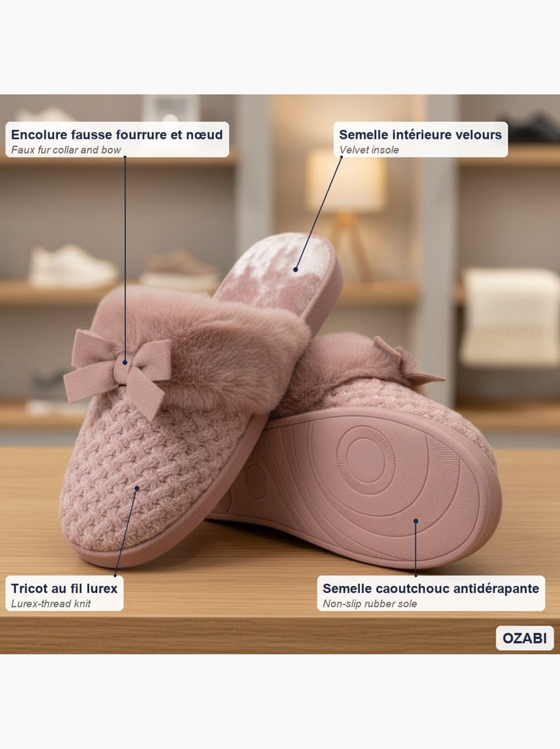Ozabi mules femme, tricot fil lurex, encolure fausse fourrure et nœud Mauve - Kiabi