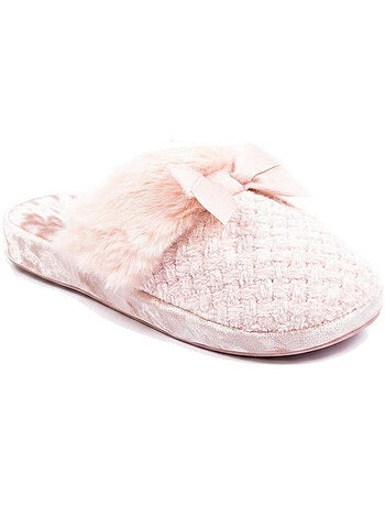 Ozabi mules femme, tricot fil lurex, encolure fausse fourrure et nœud