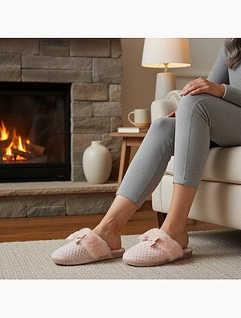 Ozabi mules femme, tricot fil lurex, encolure fausse fourrure et nœud