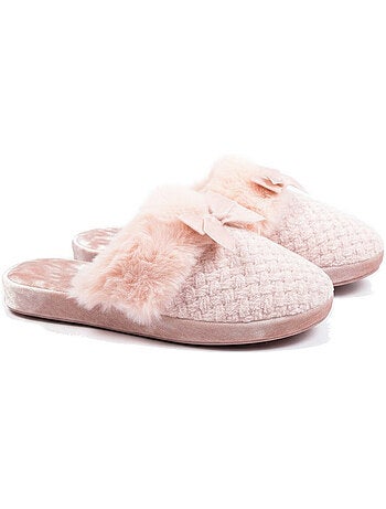 Ozabi mules femme, tricot fil lurex, encolure fausse fourrure et nœud