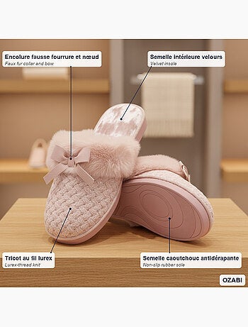 Ozabi mules femme, tricot fil lurex, encolure fausse fourrure et nœud