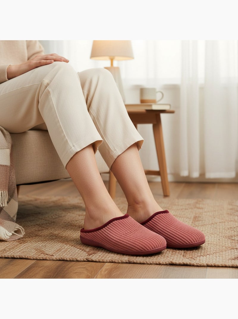Ozabi mules femme unies, velours côtelé synthétique, passepoil fourrure Bordeaux - Kiabi