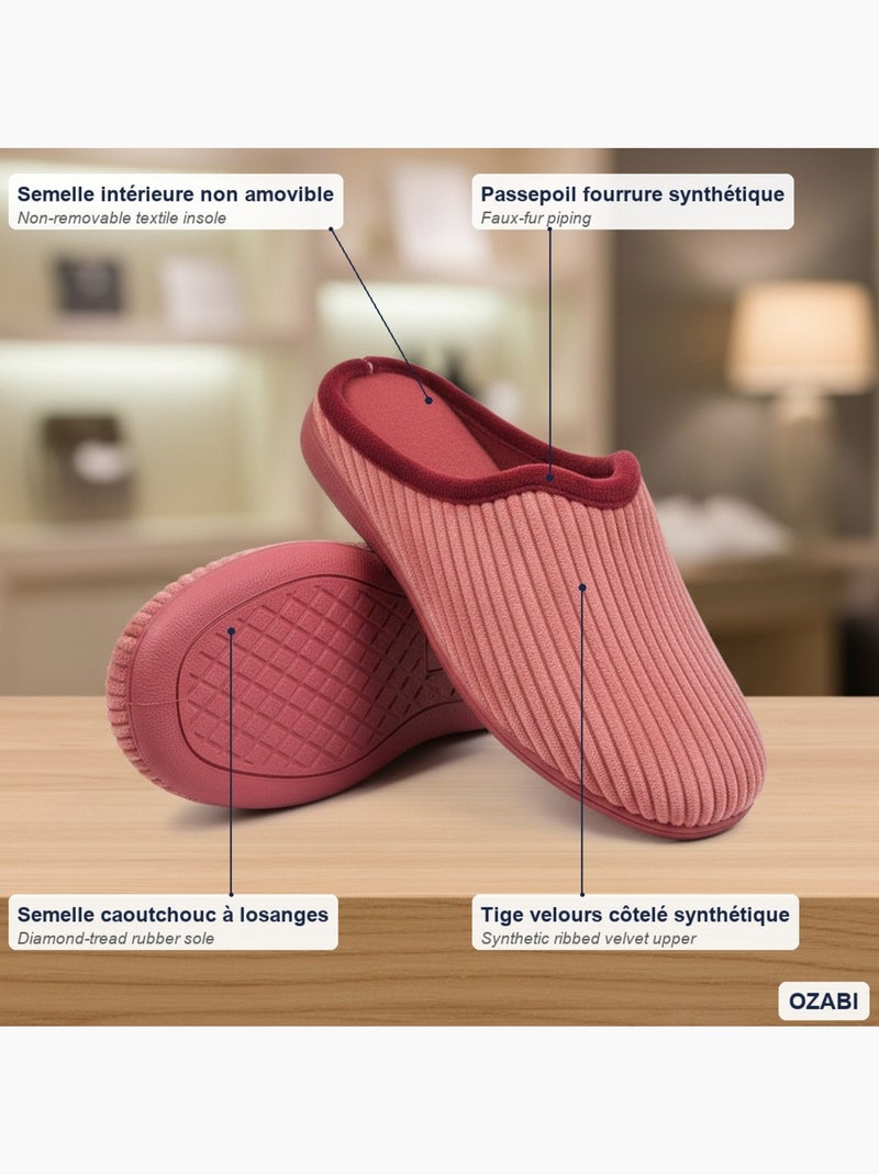 Ozabi mules femme unies, velours côtelé synthétique, passepoil fourrure Bordeaux - Kiabi